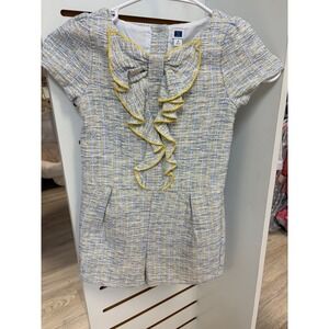 Janie and Jack Soft Iris Tweed Romper front ruffle bow accent size 6 yellow blue